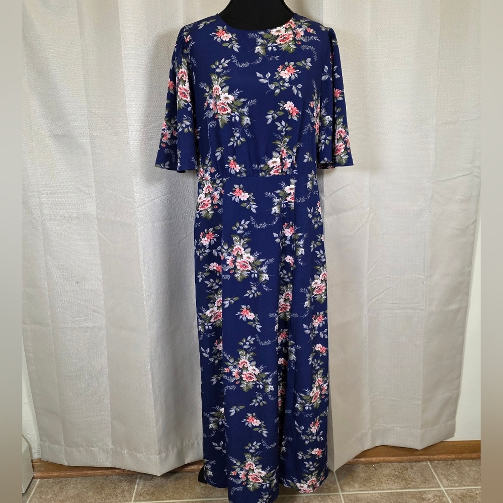 Angeleye London Blue Floral Midi Dress Flutter Sleeve US 10